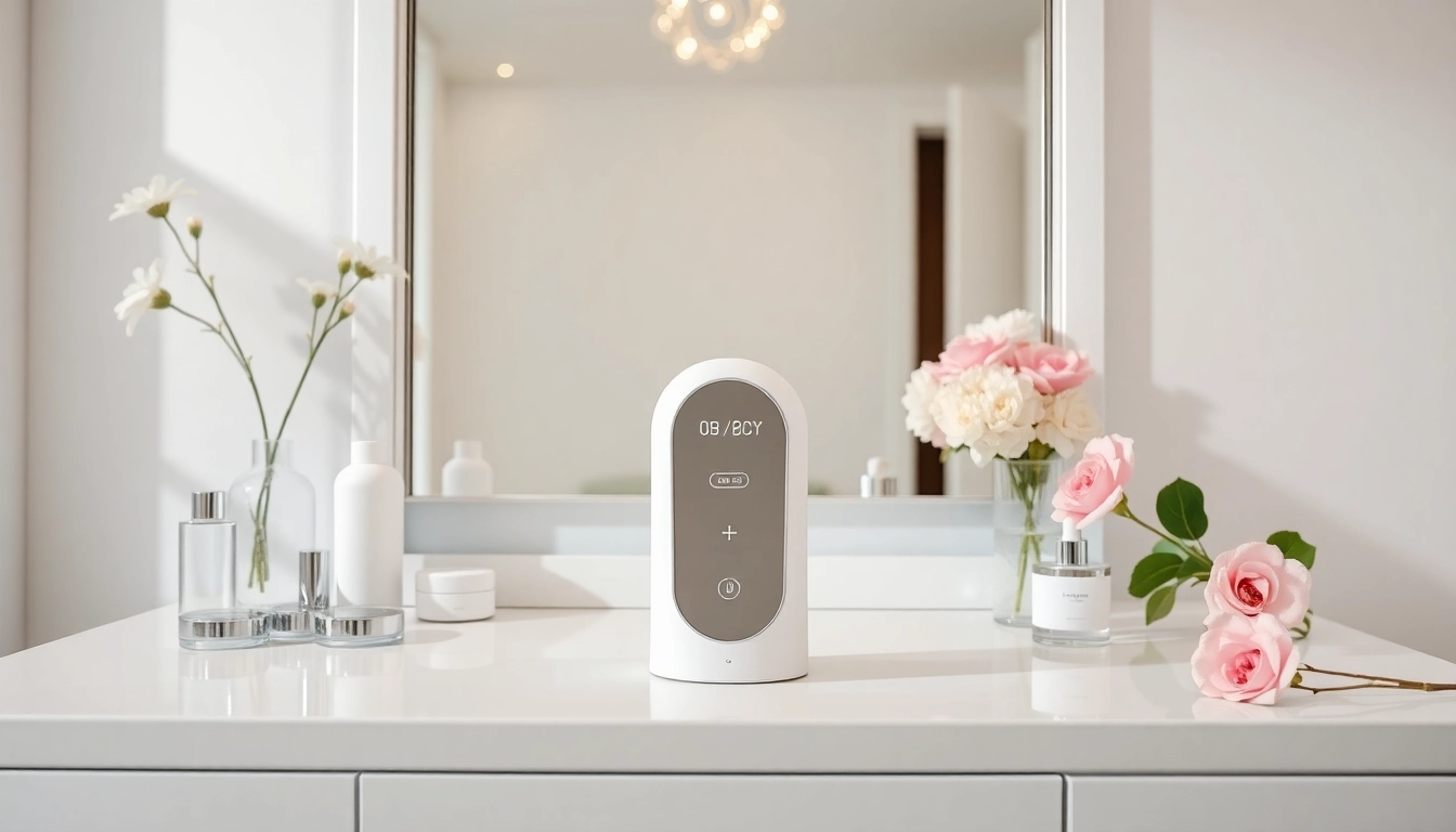 facial whitening instrument manual displayed on a stylish vanity with beauty products and soft lighting