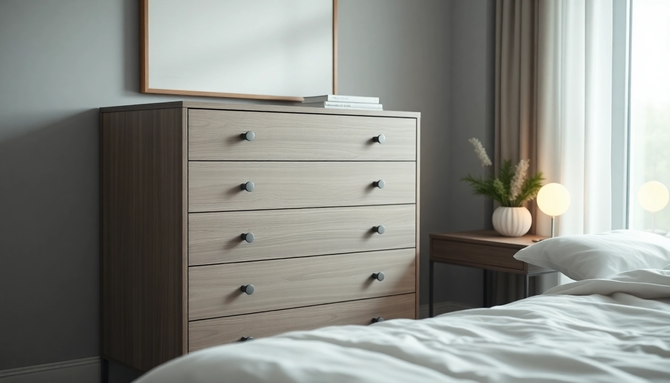 Elegant chest of drawers in a modern bedroom, showcasing smooth design and warm tones.