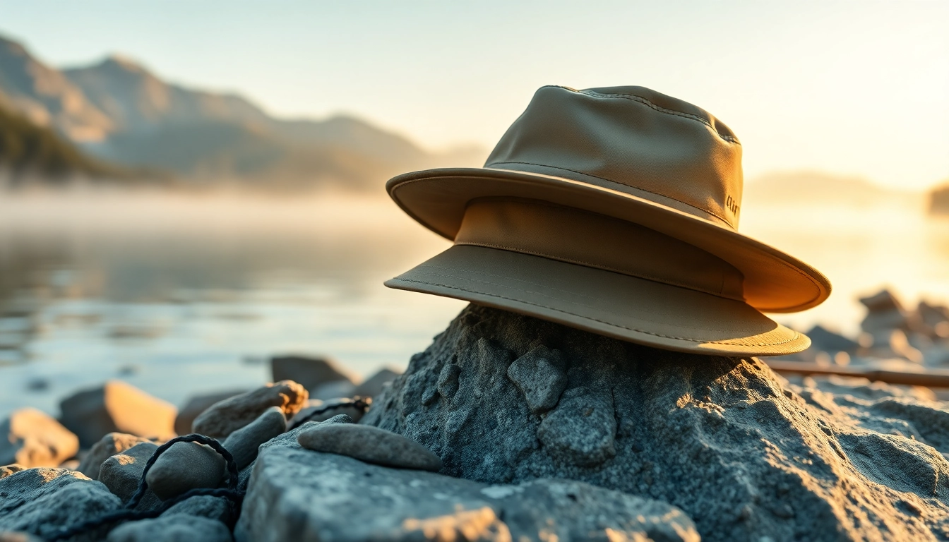 A person wearing a fly fishing hat enjoys tranquil moments on a scenic lakeshore.