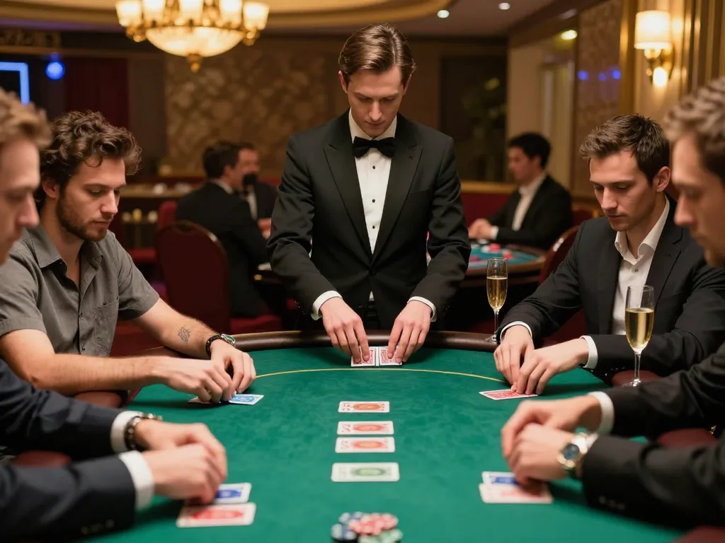 Players engage in an exciting poker game at a luxurious casino website, creating a vibrant atmosphere and strategic interaction.