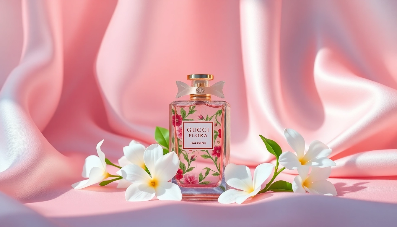 Shop the gucci flora 50ml best price, featuring a luxurious perfume bottle surrounded by jasmine blooms.