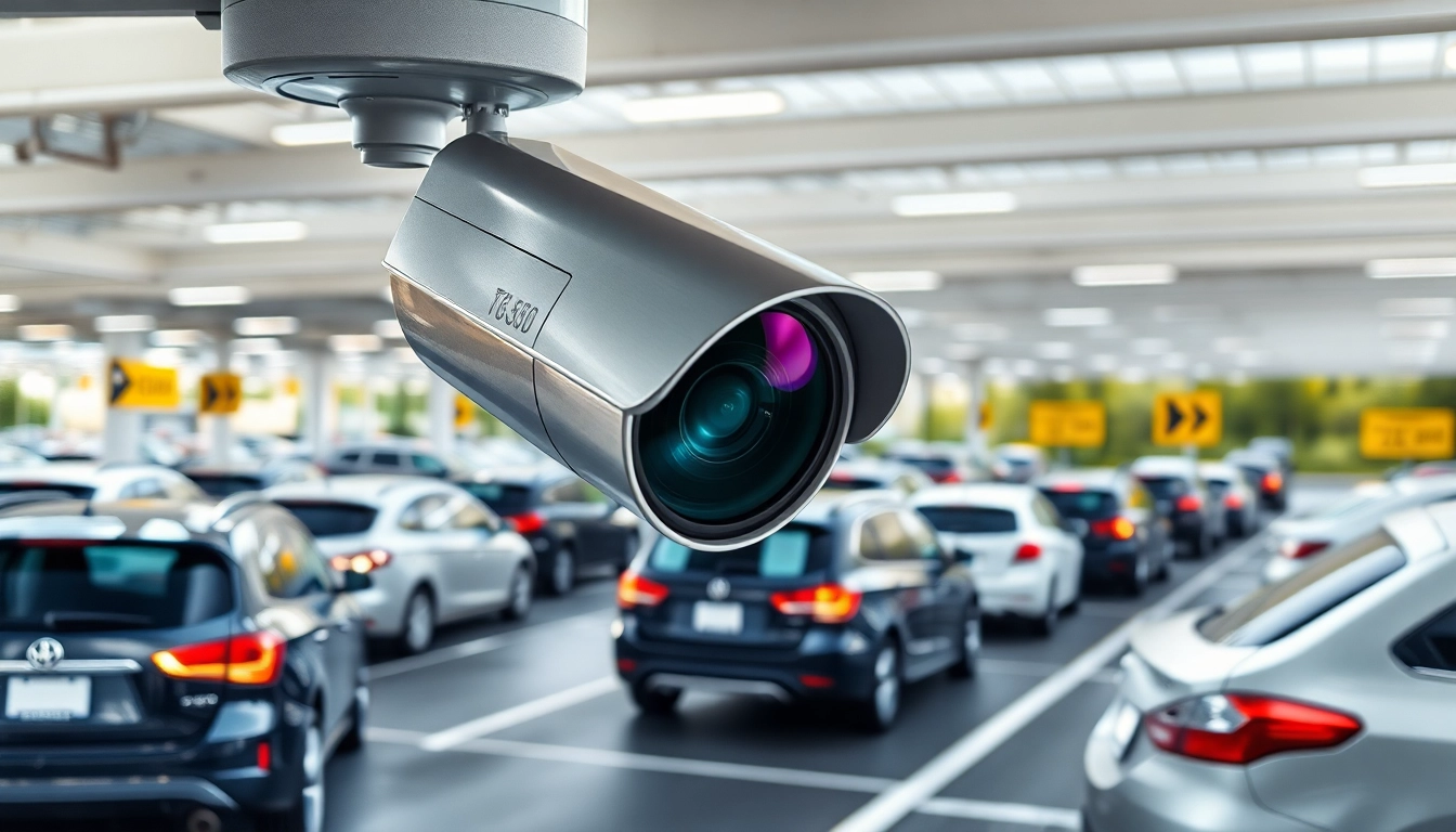 Capture of license plate recognition camera in action at a parking lot, highlighting technology.