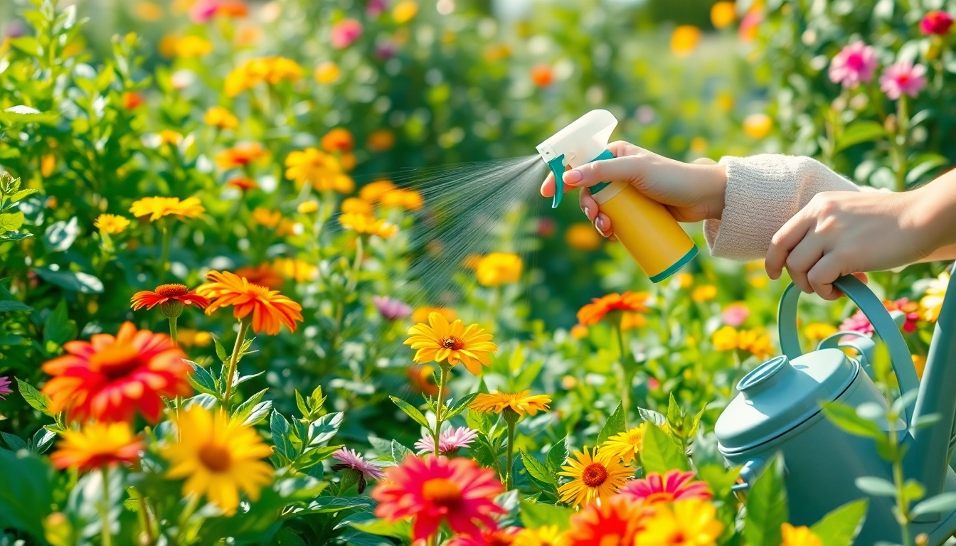 Applying an organic insect control option in a vibrant garden setting with colorful plants.