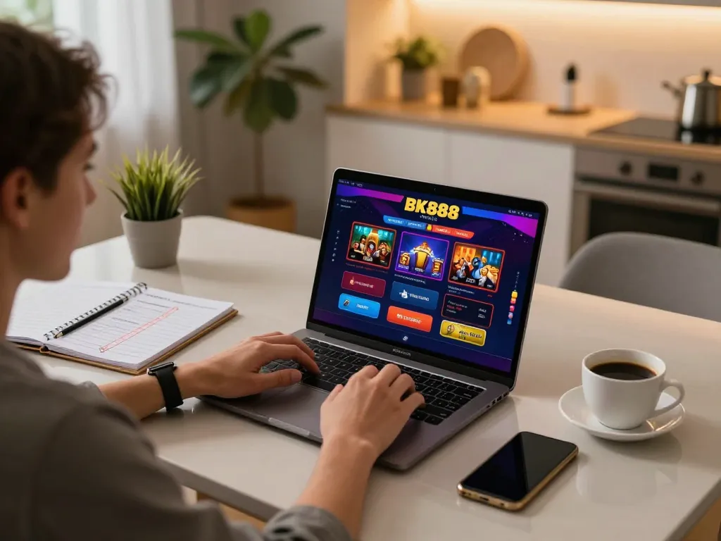 Engaged player utilizing BK888 for online gambling strategy, cozy home ambiance.