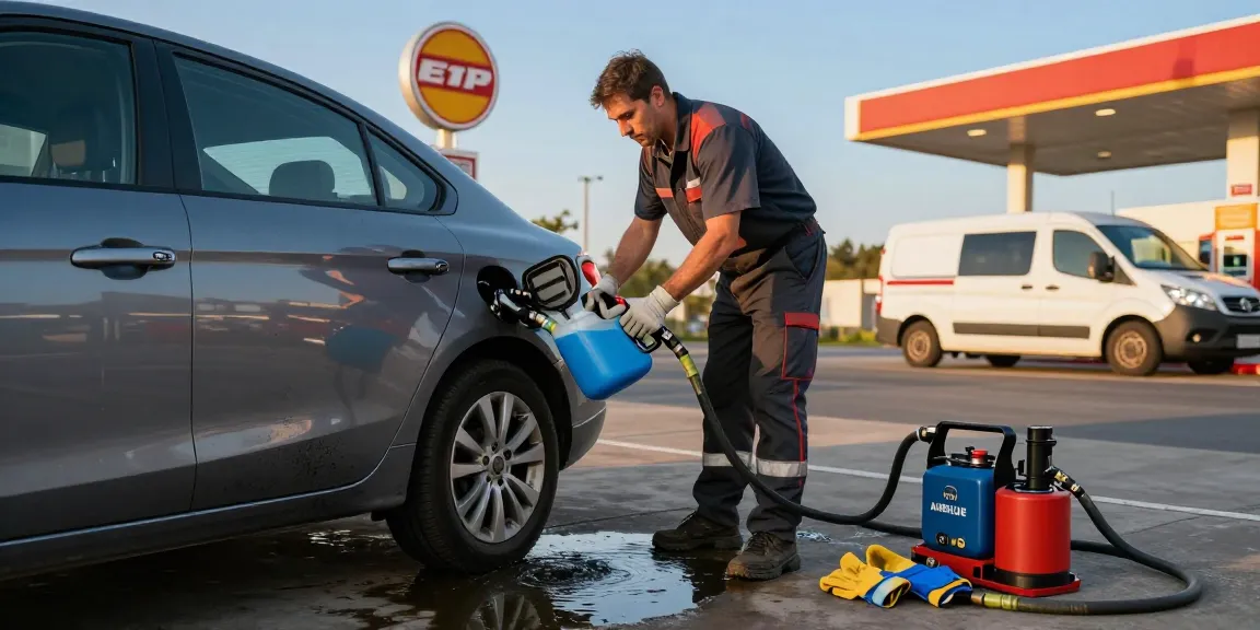 Technician safely draining contaminated Adblue in diesel car at fuel station