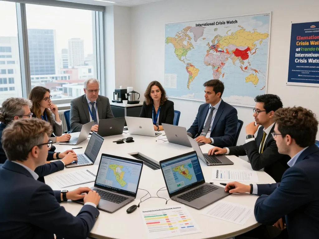 International Crisis Watch team discussing global crisis data in a strategic environment.