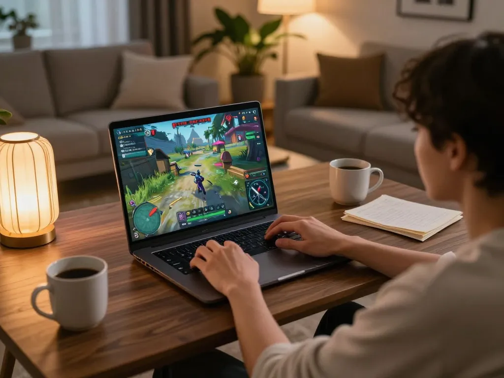 Engaging gameplay in GAME SUNWIN displayed on a laptop in a cozy home environment, illustrating strategic online gambling