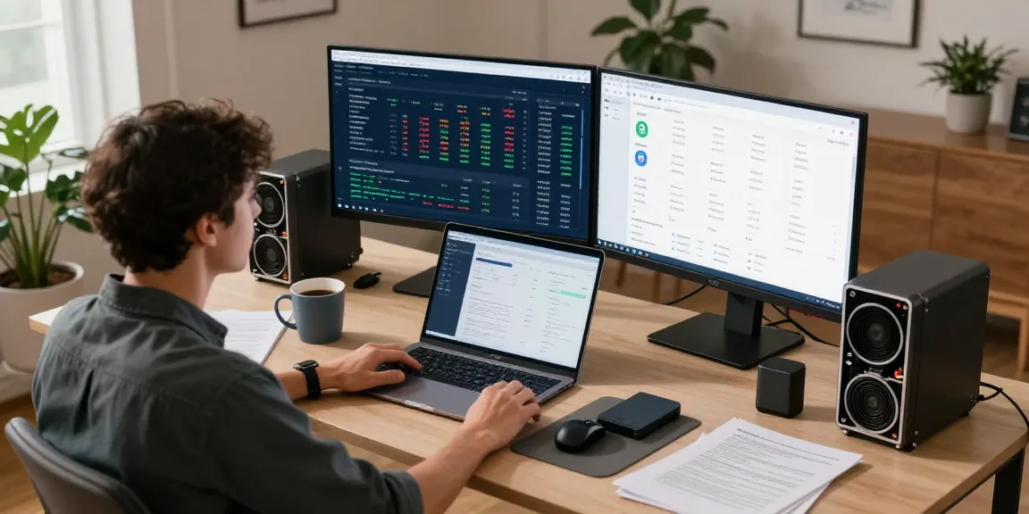 Bitcoin mining investment analysis in a modern crypto workspace with dual screens displaying digital wallet and mining data.