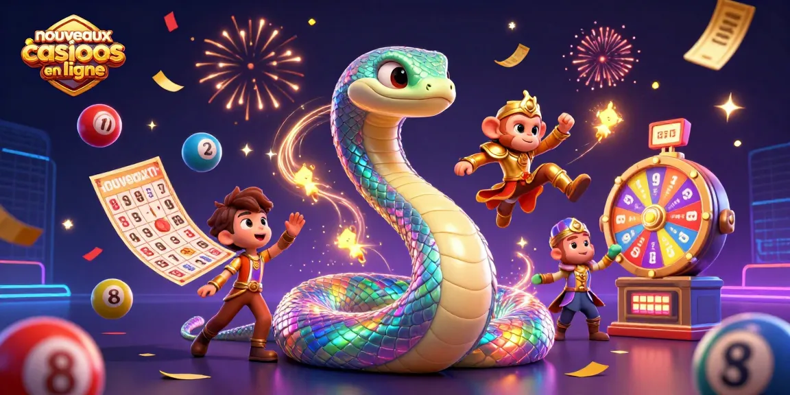 Jouer à des jeux de nouveaux casinos en ligne avec un serpent arc-en-ciel et un roi singe doré entouré de loteries animées.