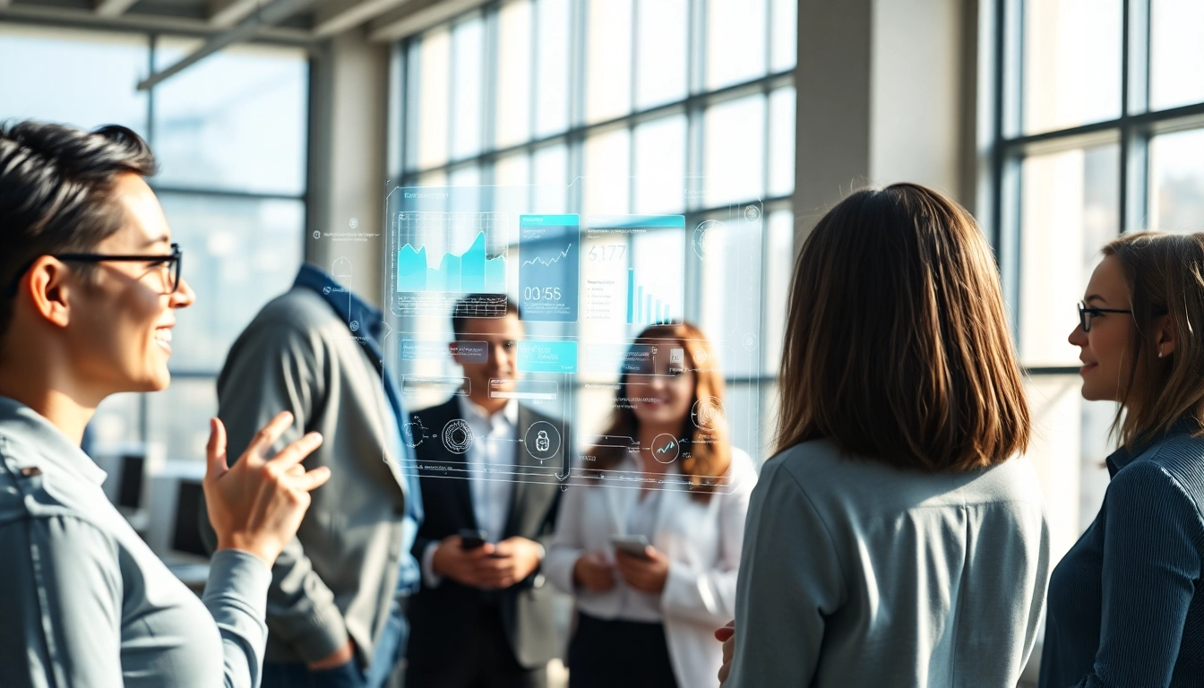 Visualize an enterprise assistant enhancing team collaboration in an engaging office setting.