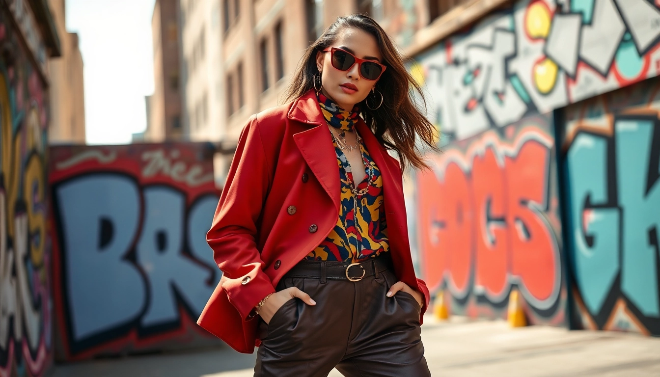 Fashion model showcasing contemporary outfit against vibrant street art backdrop.