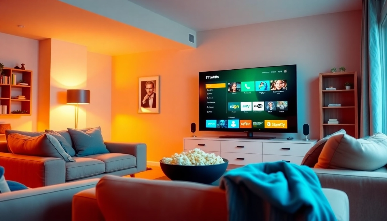 Set up smart IPTV on a flat-screen TV with cozy living room ambiance.