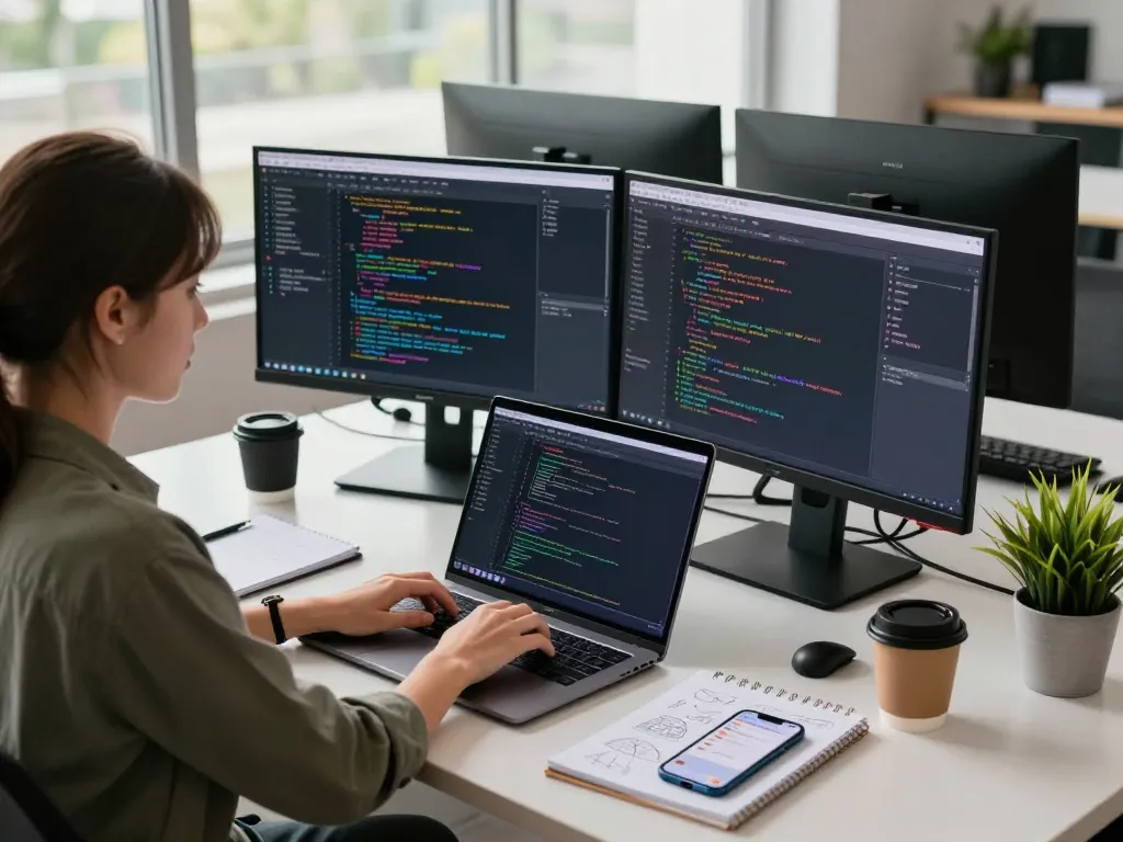 Moltbot AI developer engaged in coding environment with clawdbot setup, featuring dual monitors and modern workspace elements.