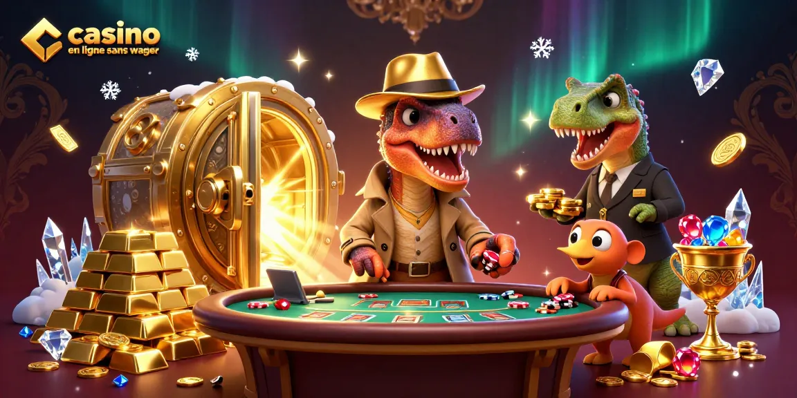 Illustration dynamique d'un velociraptor dans un casino en ligne sans wager, jouant au blackjack.