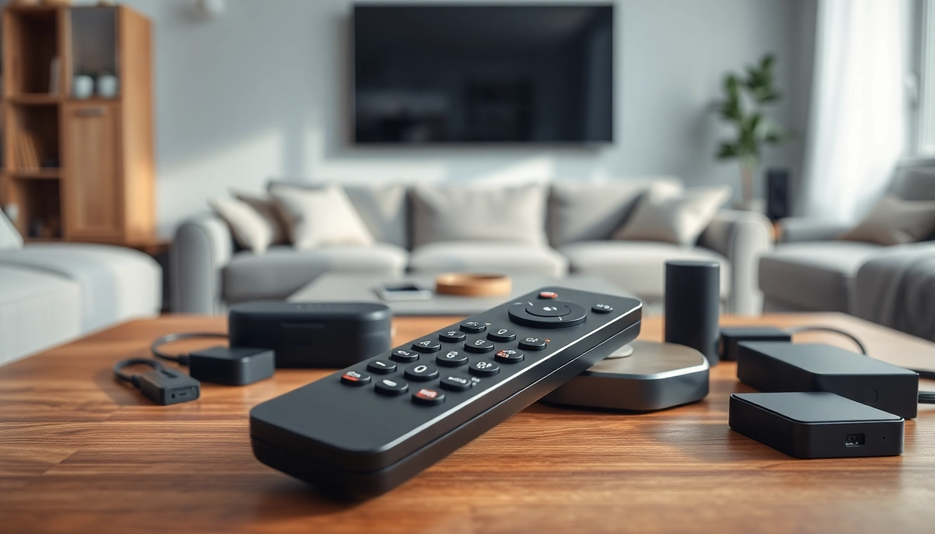 Die Panasonic Fernbedienung TX auf einem eleganten Tisch mit weiteren TV-Zubehörteilen, die eine moderne Atmosphäre schaffen.