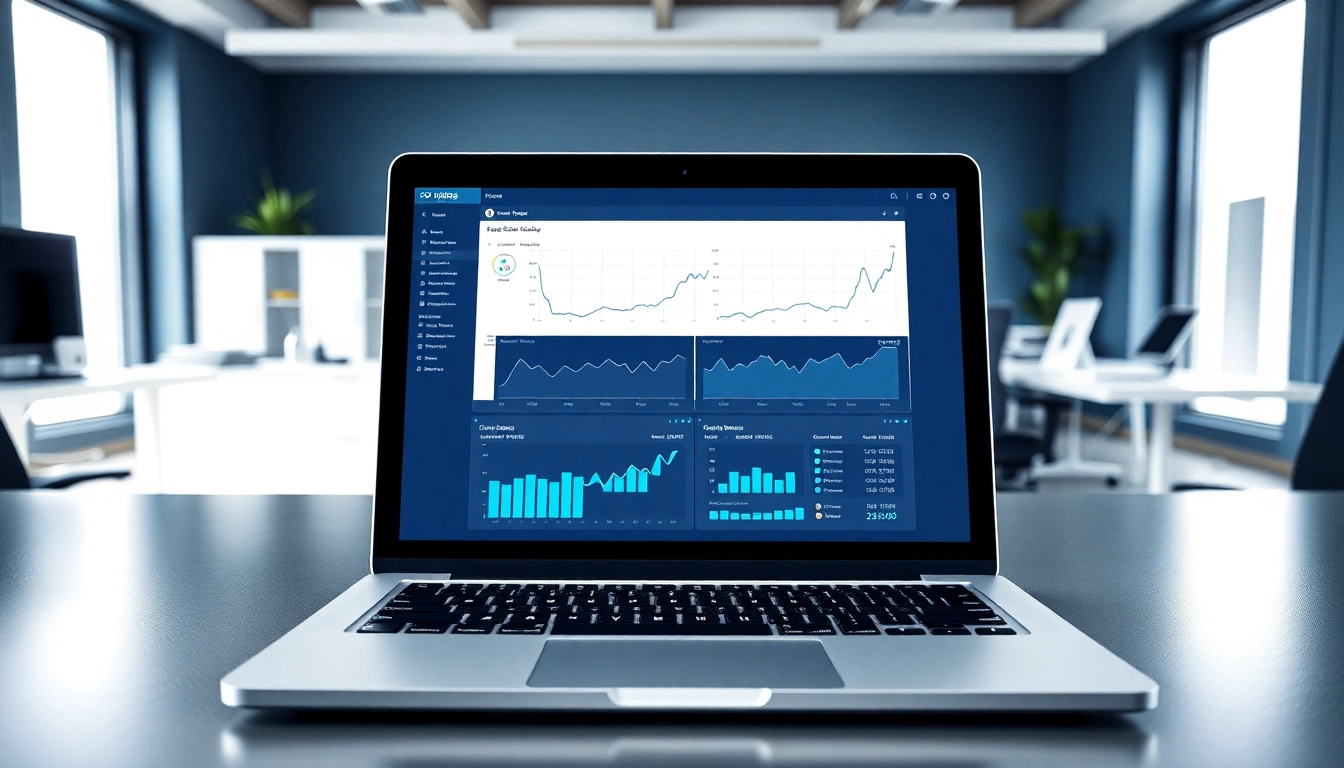 Engagement with SEO Rank Tracker interface showcasing analytics and insights in a professional office setting.
