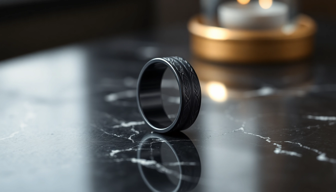 Admire the intricate details of Black Zirconium Rings with a matte finish on a dark marble surface.