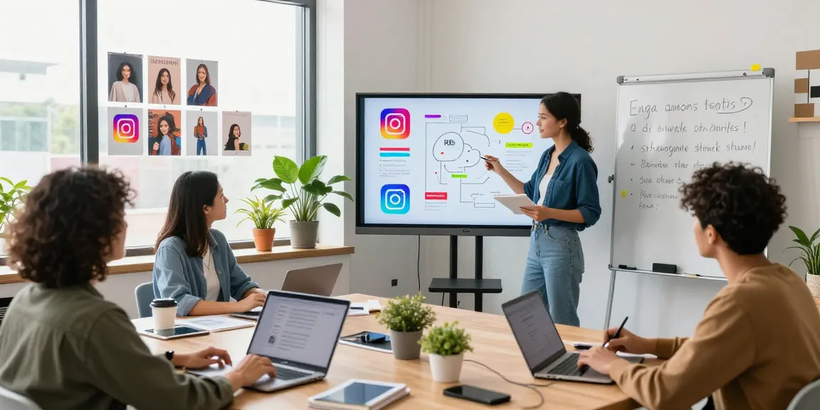 Dynamic team collaboration at an instagram marketing agency malaysia, brainstorming effective content strategies in a bright office.
