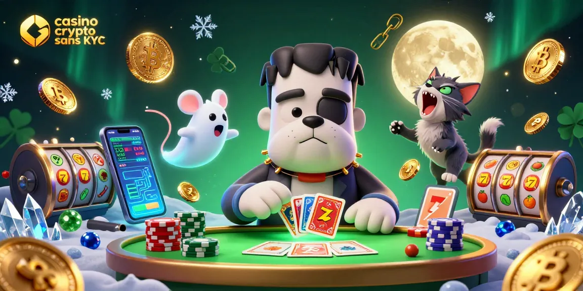 Illustration d'un casino crypto sans KYC avec des personnages pleins de vie, jetons de Bitcoin et Ethereum.