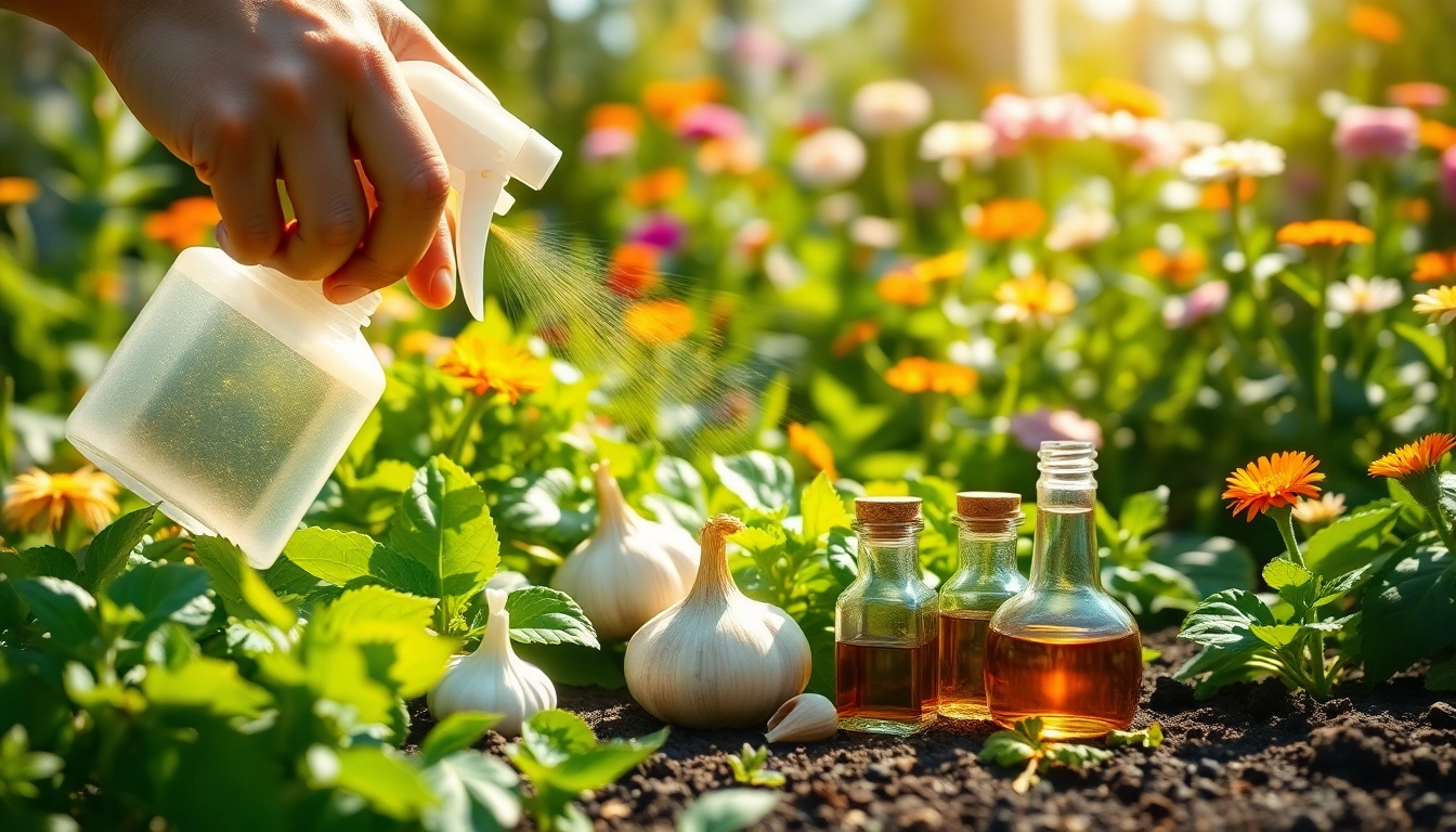 Applying organic insect control option in a vibrant garden setting with natural pest deterrents.
