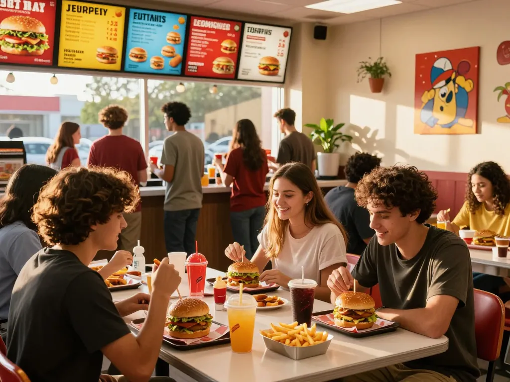 Friends enjoying a lively meal at a fast food restaurant, showcasing fast food prices.