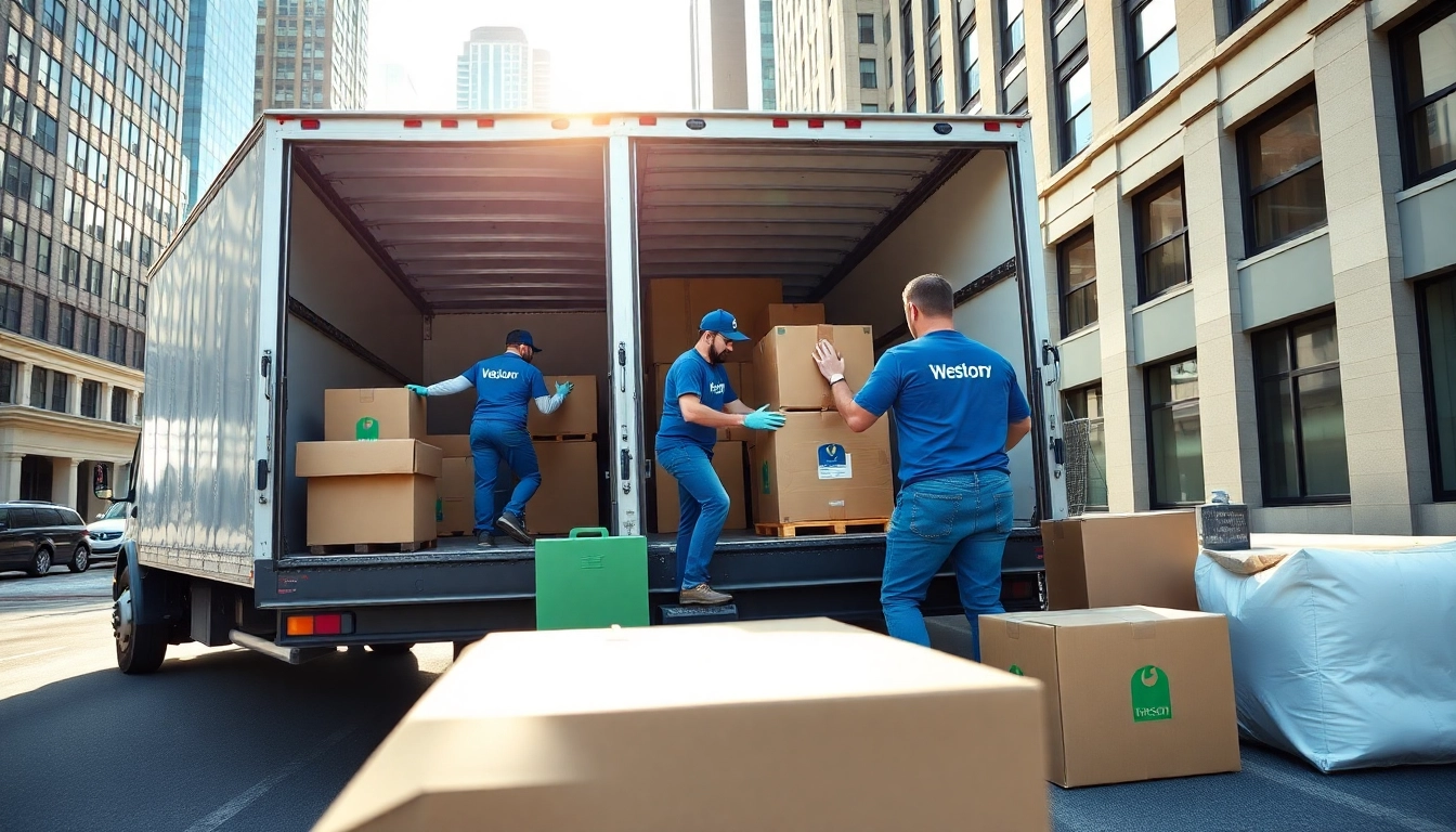 Movers from a Boston moving company expertly packing items into a truck in a busy urban setting