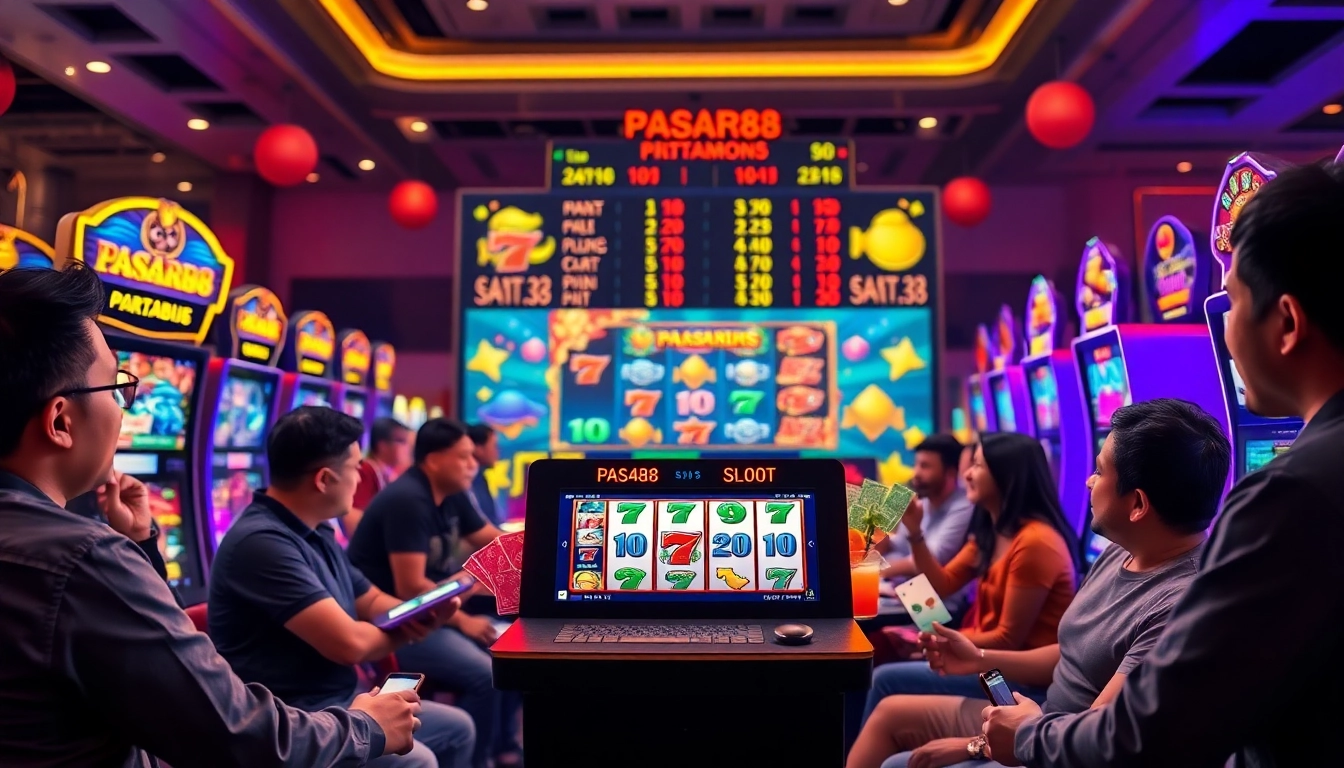 Menampilkan permainan slot PASAR88 SLOT yang menarik dengan suasana kasino yang ceria dan bersemangat.