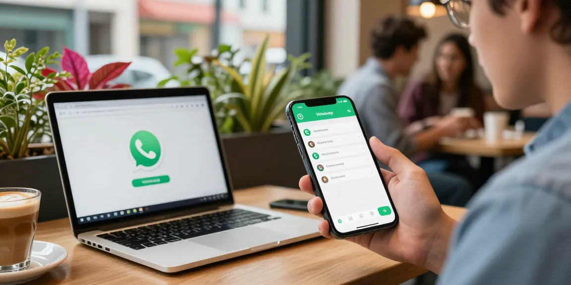 WhatsApp下載: User engaging with WhatsApp app on smartphone in vibrant café setting.