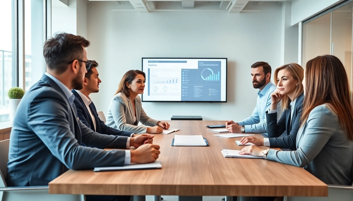 Collaboration among professionals discussing contracts and grants in a modern office environment.