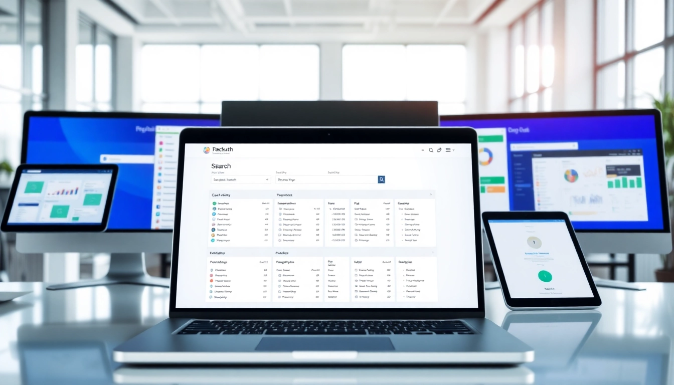 Showcase of enterprise search platforms on various devices, highlighting user-friendly interfaces.