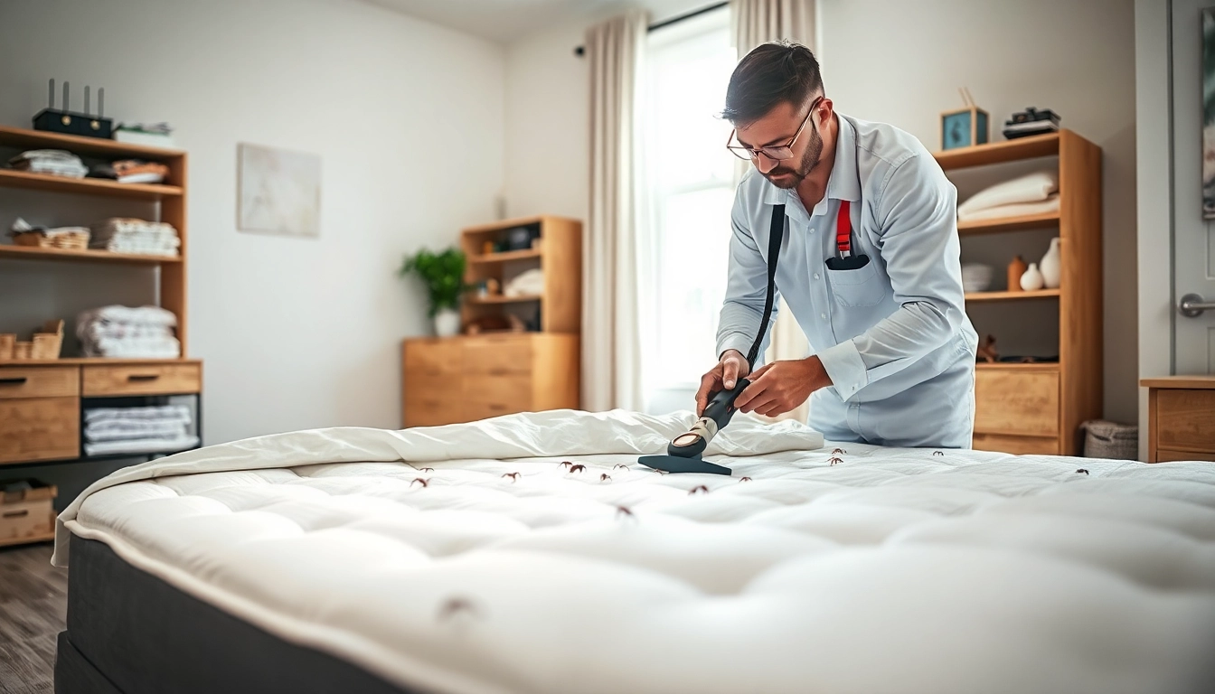 Technician engaged in bed bug removal process, emphasizing professional pest control methods.