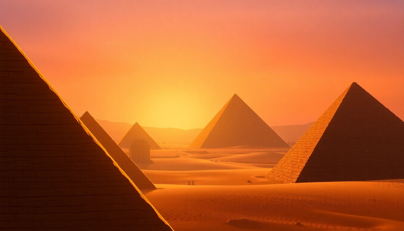 Pyraminds stand majestically under a sunset, emphasizing their grandeur and ancient origins.