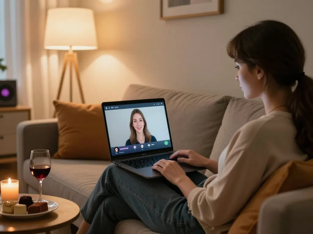 Engaging in a sex chat AI session on a sleek laptop in a cozy living room, highlighting modern intimacy.