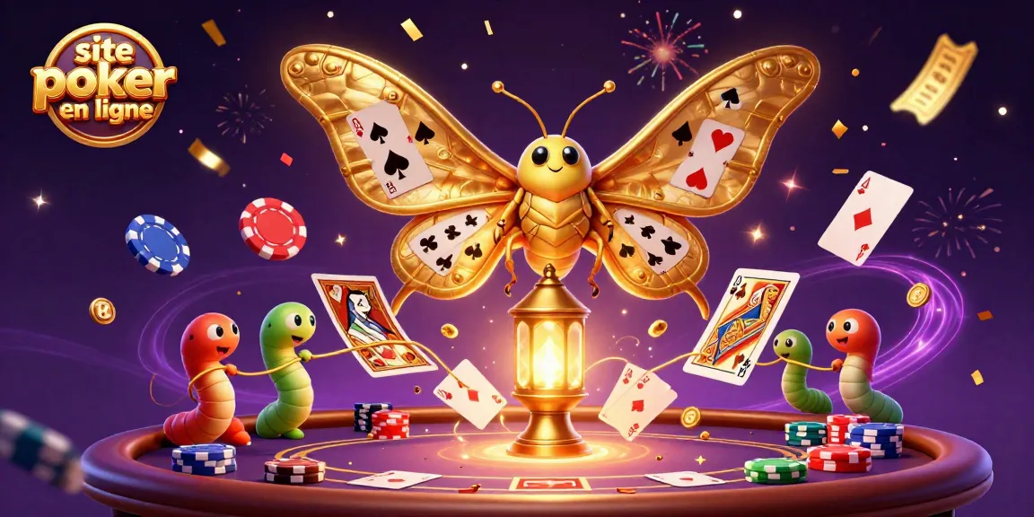 Jouez au site de poker en ligne avec une illustration 3D dynamique et festive des éléments de poker.