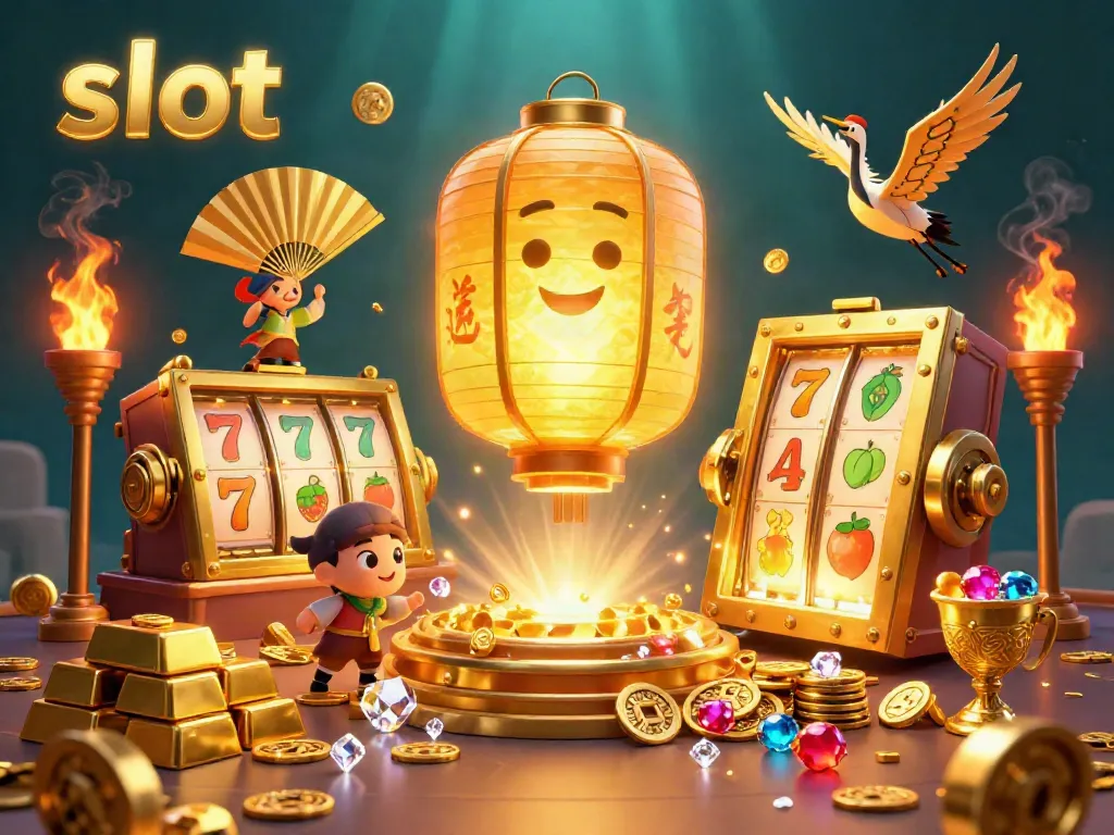 Experience the thrill of playing slot machines with a vibrant casino illustration showcasing lucky symbols, treasures, and glowing spirits.