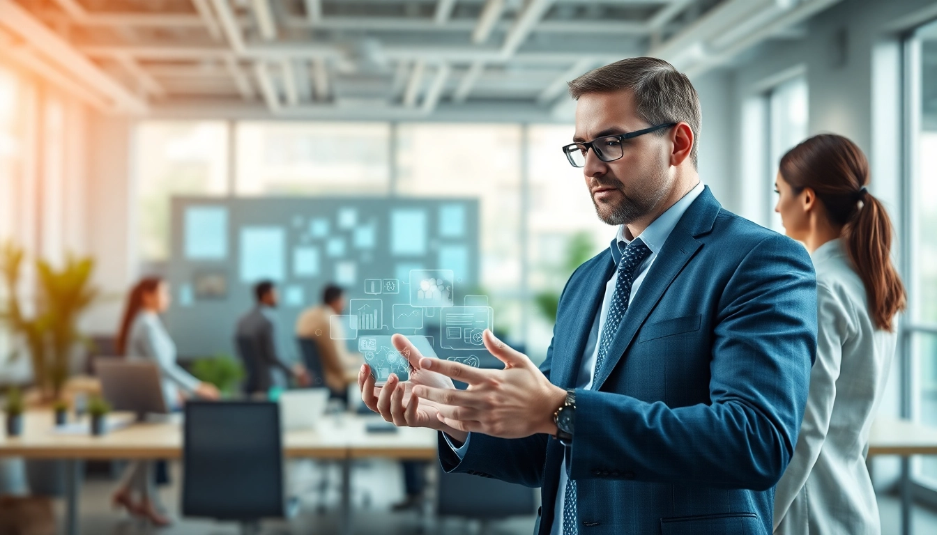 Engaging enterprise assistant via digital interface in a modern office environment.