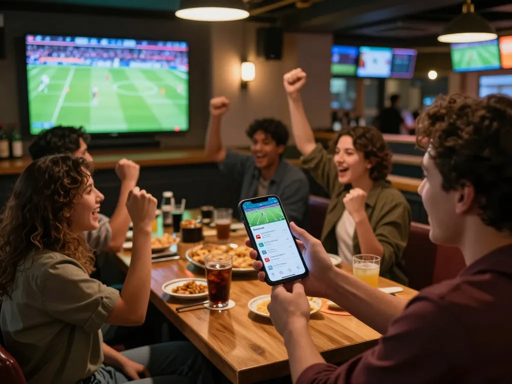 Exciting moment of placing a sports bet on bong da lu app during a live game in a vibrant sports bar.