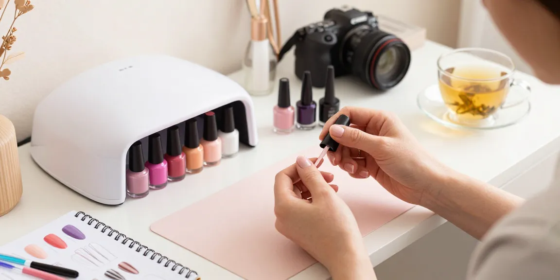 Aplicarea bazei și a top coat-ului de unghii într-un salon de unghii elegant acasă, punând în evidență produse vibrante și o atmosferă confortabilă.