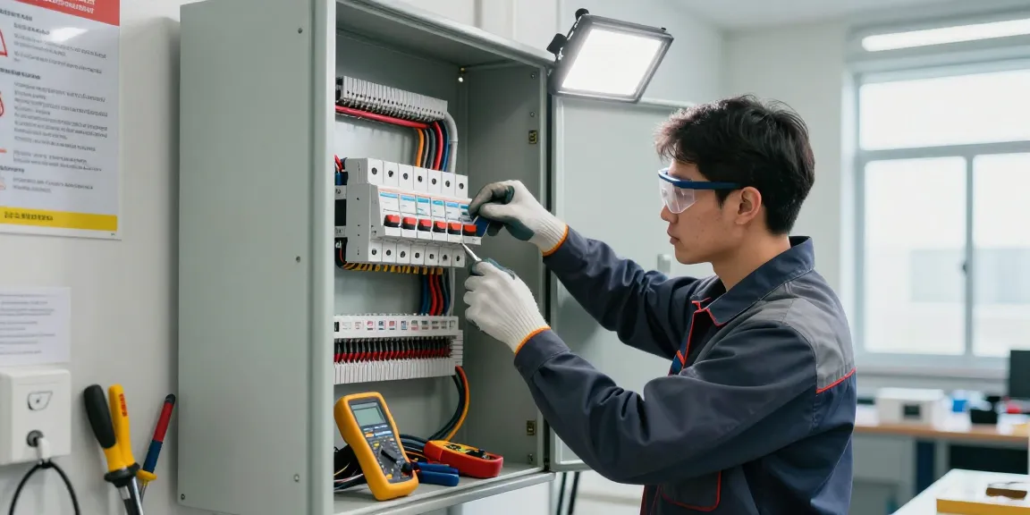 Technician installing a Residual current circuit breaker in a modern electrical panel, showcasing precision and safety.