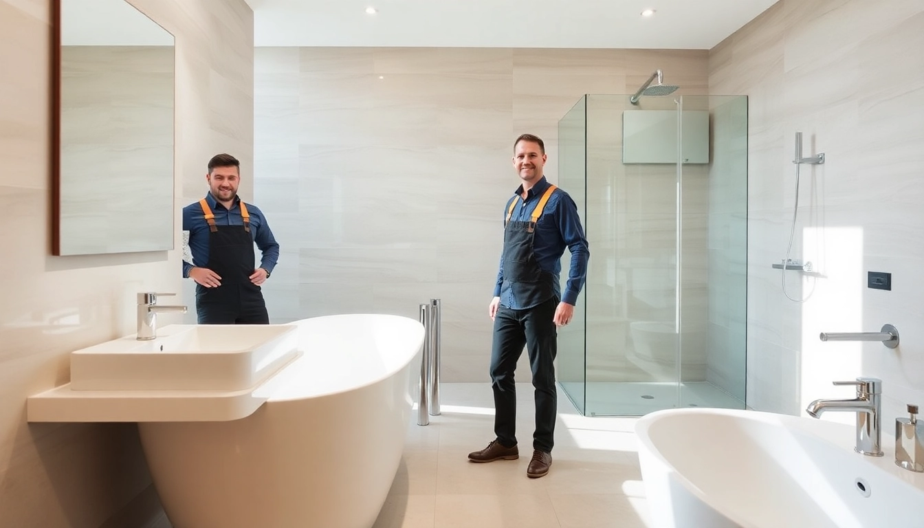 Skilled bathroom fitters Manchester working on a stylish bathroom renovation.