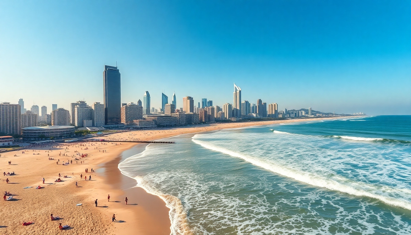 Discover the vibrant coastal city Qingdao with its iconic skyline and lively beaches.