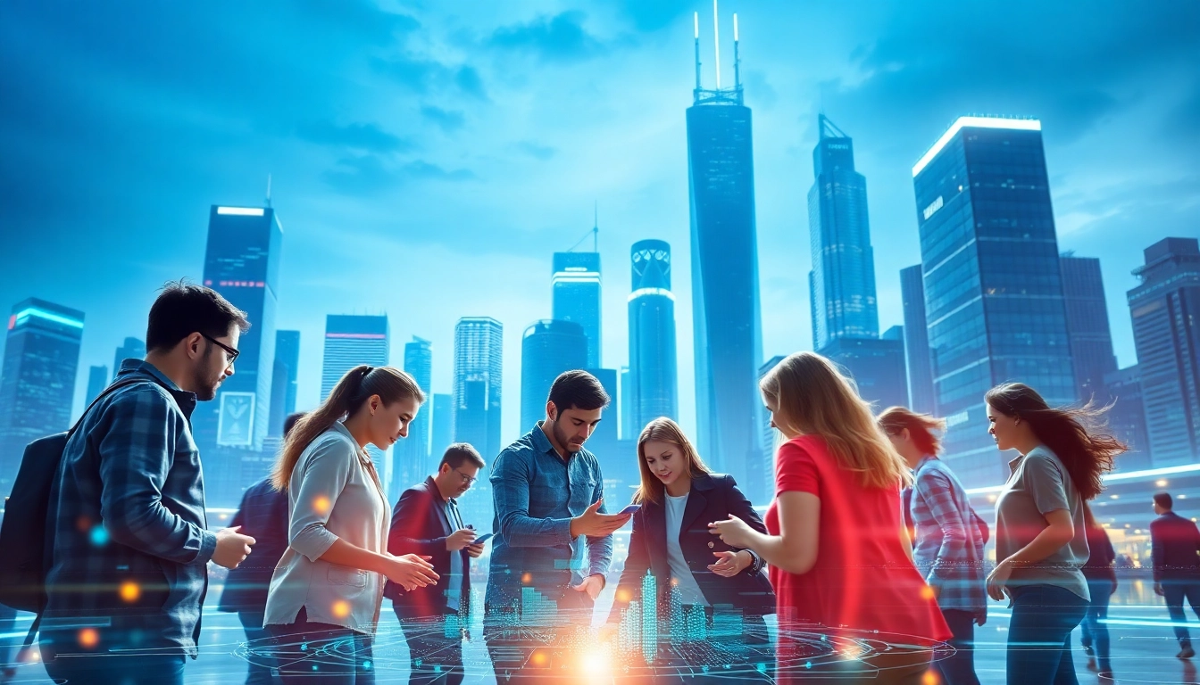 Individuals collaborating around innovative Technology displays in a vibrant futuristic city.