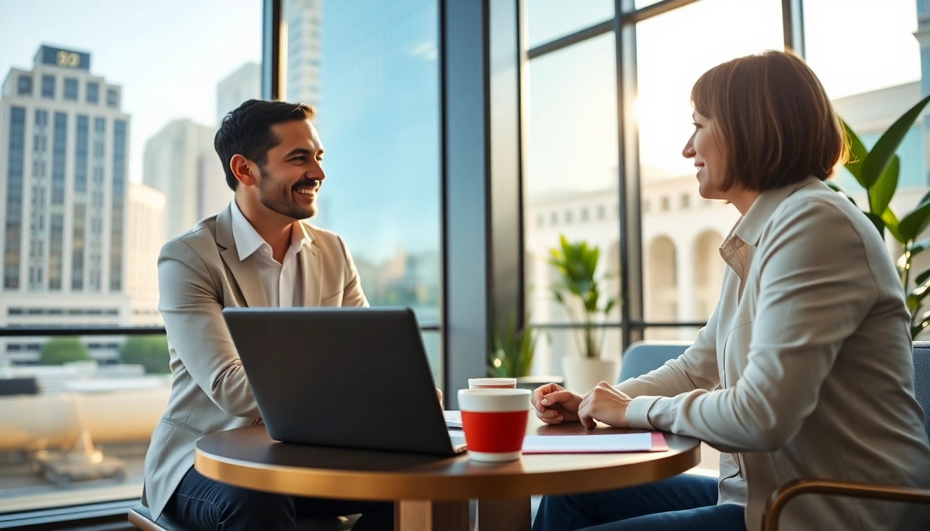 Business coach Los Angeles discussing strategies with a client over coffee.