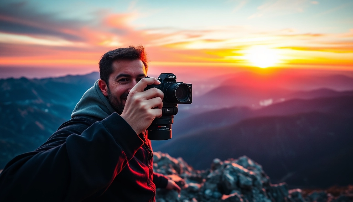 Photographer using Insta360 X5 to capture stunning mountain sunrise shot.