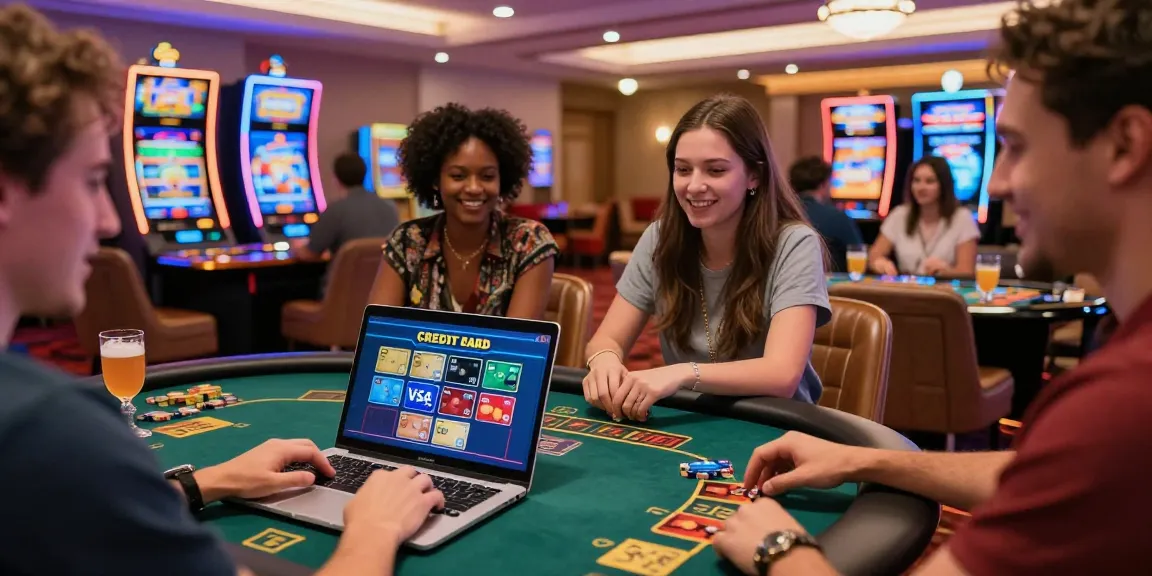 Players enjoying games at credit card casinos with Visa and Mastercard on display, lively casino atmosphere