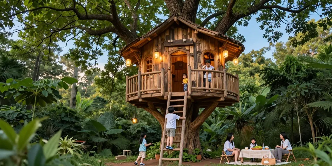 Family enjoying treehouses in a lush forest setting with picnic.