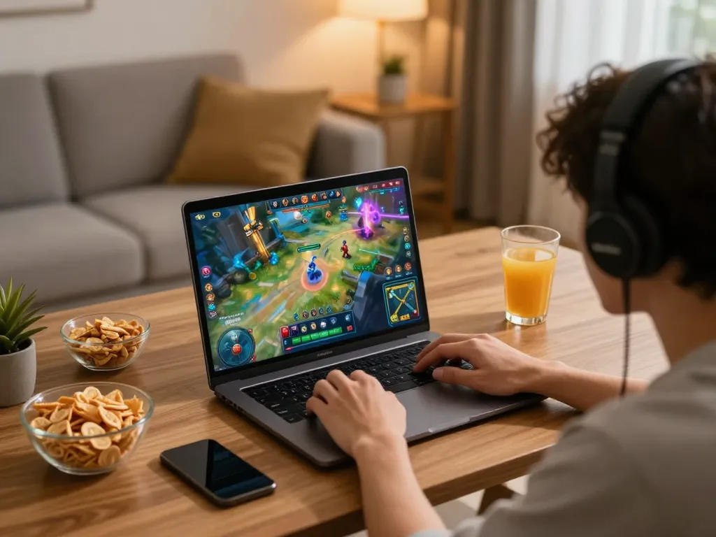Engaging home gaming moment with player enjoying slot777 gacor on laptop, vibrant graphics visible on screen.