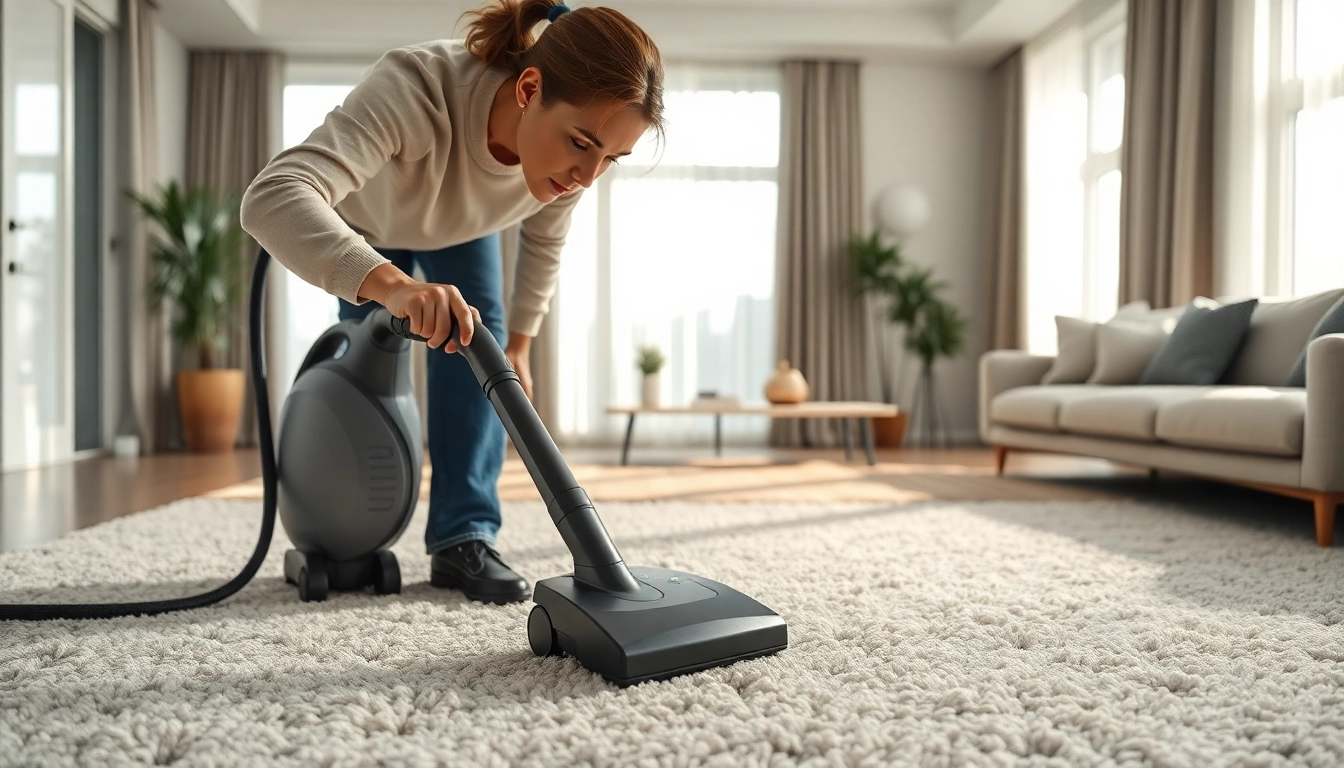 Local carpet cleaners performing a detailed cleaning in a bright, modern living room setting.