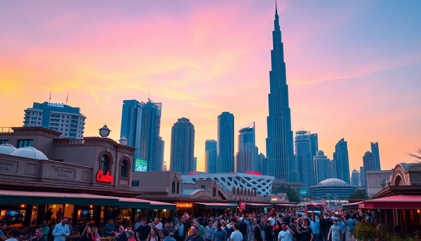 People enjoying the best hotspots in Dubai with a scenic city skyline backdrop at sunset.
