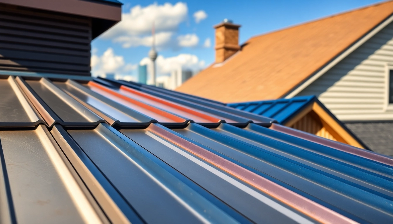 Installations of metal roofing toronto showcasing vibrant designs and textures against an urban backdrop.